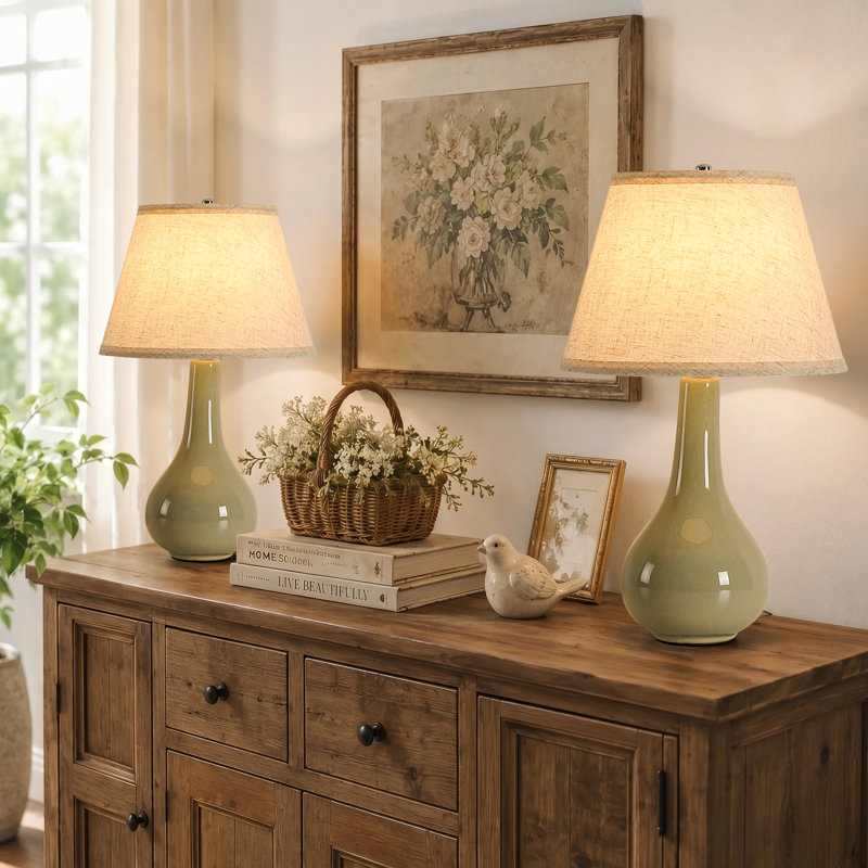 18 po Lampe de table moderne en céramique avec abat-jour en lin pour le salon de la chambre à coucher, Green