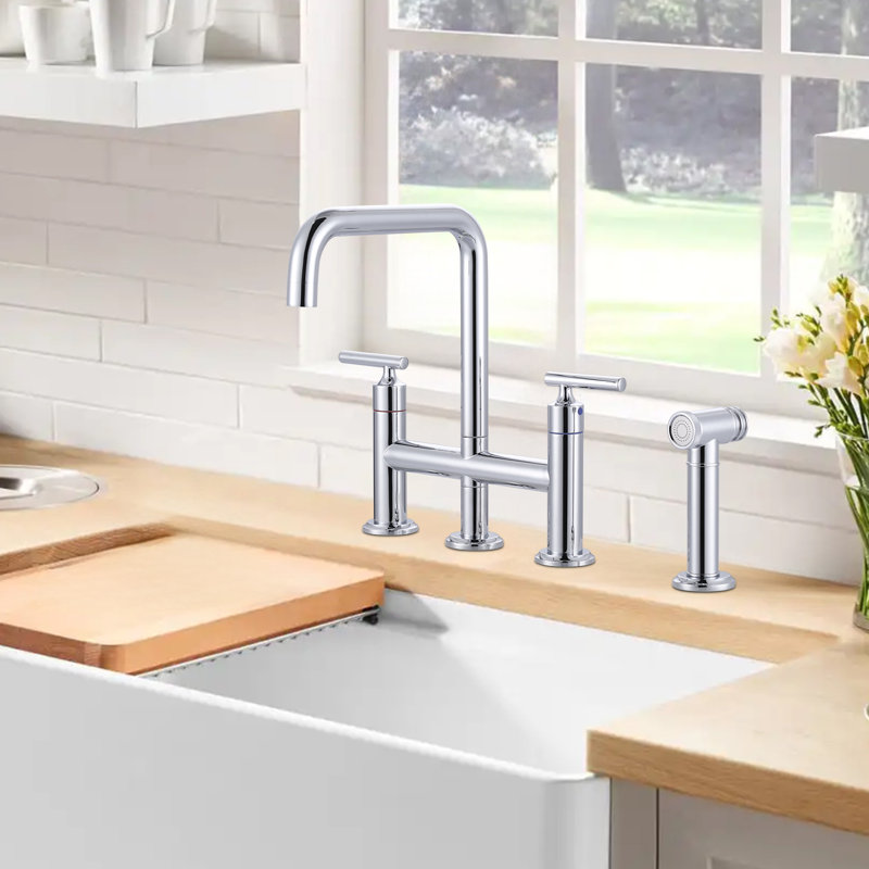 Brass 8" Deck Mount Bridge Kitchen Faucet With Brass Pull Out Side Sprayer, 4-Hole Double Handle Ktichen Faucet