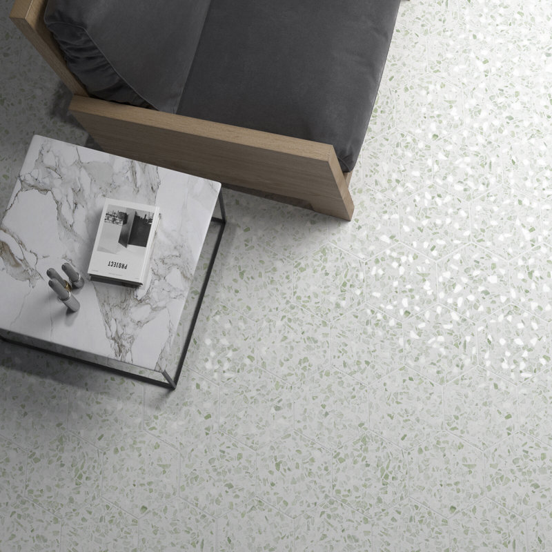 Terrazzo 9" Hexagon Matte Terrazzo Look Porcelain Tile, Hex Green