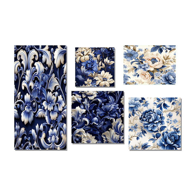 «Cobalt Blue Victorian Neo Gothic Victorian», ensemble de 5 reproductions d'art sur toile florales, Toile tendue