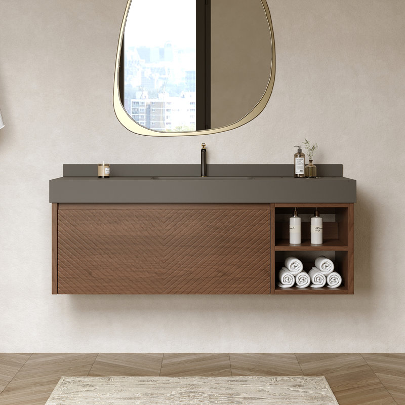 Armoire de salle de bain moderne 48 po avec tiroirs, meuble-lavabo mural en pierre, armoire en bois massif multi-couches, dosseret assorti