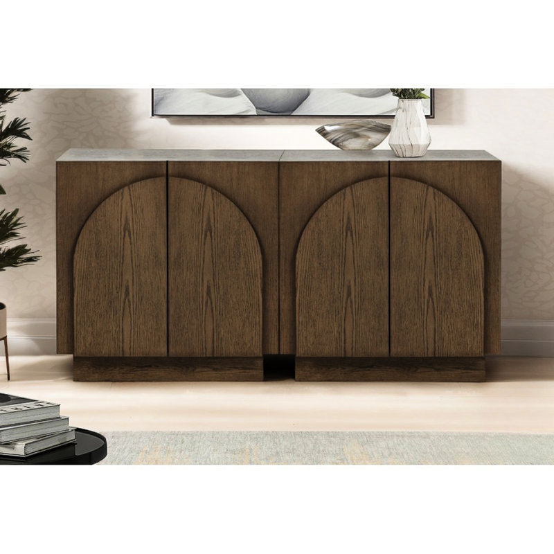 Mid-Century moderne, buffet, brun, cuisine, armoire de rangement en bois, conception à bords arrondis, finition chêne, buffet brun moderne à assemblage rapide, salon avec portes arquées et simple