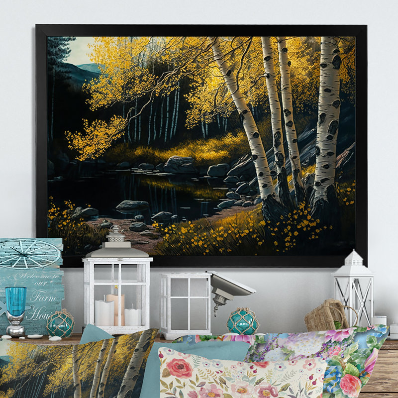 «Yellow Birches By The Riverside I», reproduction sur toile, H 12 po x l 20 po x P 1 po, Toile avec cadre photo noir