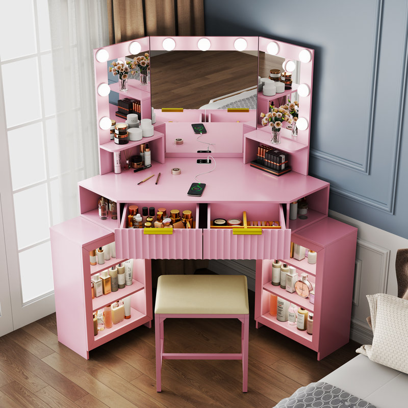 Coiffeuse de coin - 11 ampoules Hollywood avec module de capteur humain, Rose