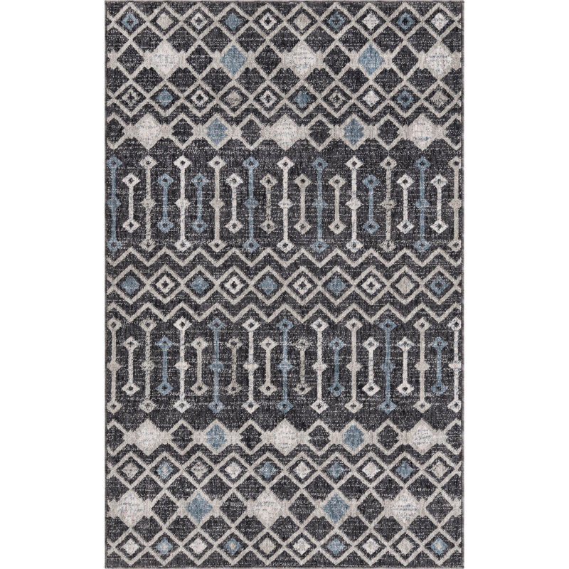Tapis abstrait gris anthracite / bleu clair, Rectangle 4 pi x 6 pi