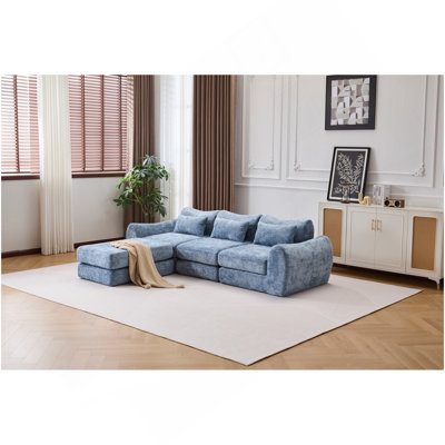 Foldable Wave Star Modular Sofa, Chenille Fabric for Living Room & Bedroom, Instant Expansion Comfortable Creative Furniture with 1 Middle Seat, 1 Ottoman and 1 Side Chaiseest,Blue.