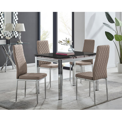 Ensemble de table de salle à manger extensible en verre et en métal Tierra et 4 chaises de salle à manger en similicuir de luxe