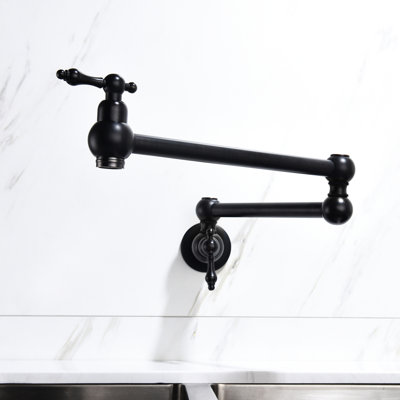 Pot Filler Faucet Wall Mount - Matte Black, Brass, Arm For Seamless And Convenient Filling, Double Handles To Control Water Flow Regularity, Corrosion Coating Black Mounted, Easy Quick Manage