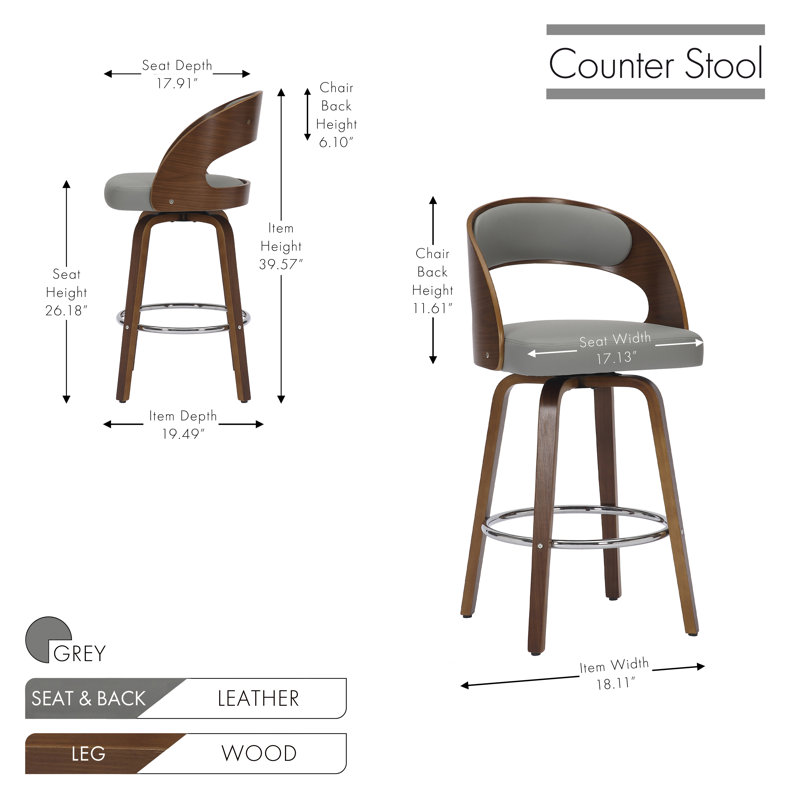 Tabouret pivotant Lombard, gris, Tabouret de comptoir (siège d'une hauteur de 26,1