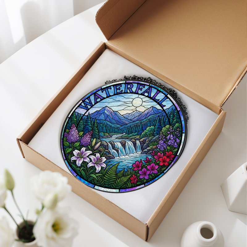 7.8"H Waterfall Landscape Stained Glass Window Panel, 7.8" H x 7.8" W