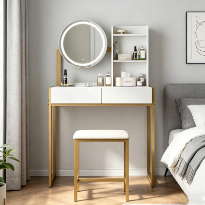 Makeup Vanity Set with LED Mirror Stool and Power Outlet for Bedroom