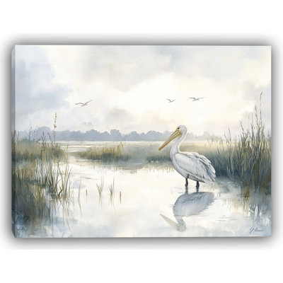 Peaceful Shore: pélican dans la matinée brumeuse, toile tendue