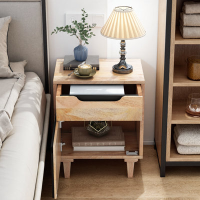 Table de chevet en bois naturel avec 1 tiroir et armoire - table de chevet en bois de manguier massif 18 po, petit espace - table de bout contemporaine décontractée, détails faits à la main, assemblage facile