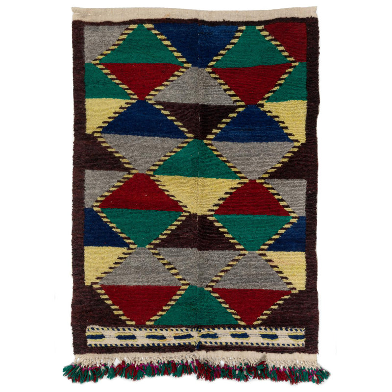 Tapis turc rétro unique fabriqué à la main à motif géométrique unique en son genre