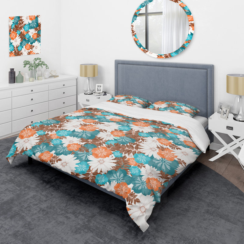 Bleu floral et feuille brune - ensemble de housse de couette floral - microfibre de polyester