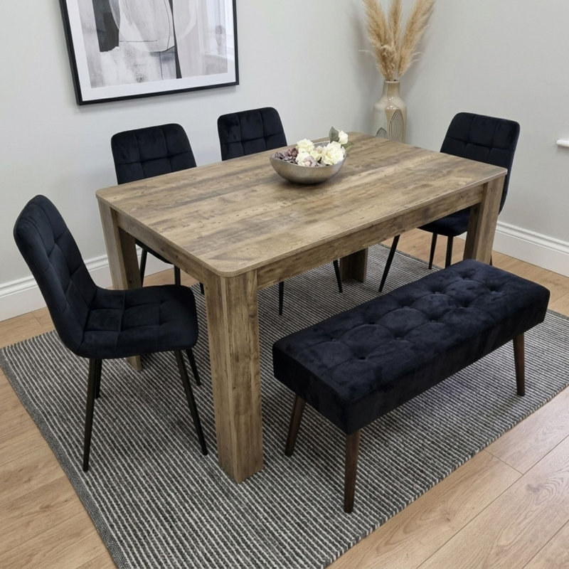 Dining Table Set with Rustic Wood Effect Table, 4 Black Velvet Chairs and Black Velvet Bench 6 Seater