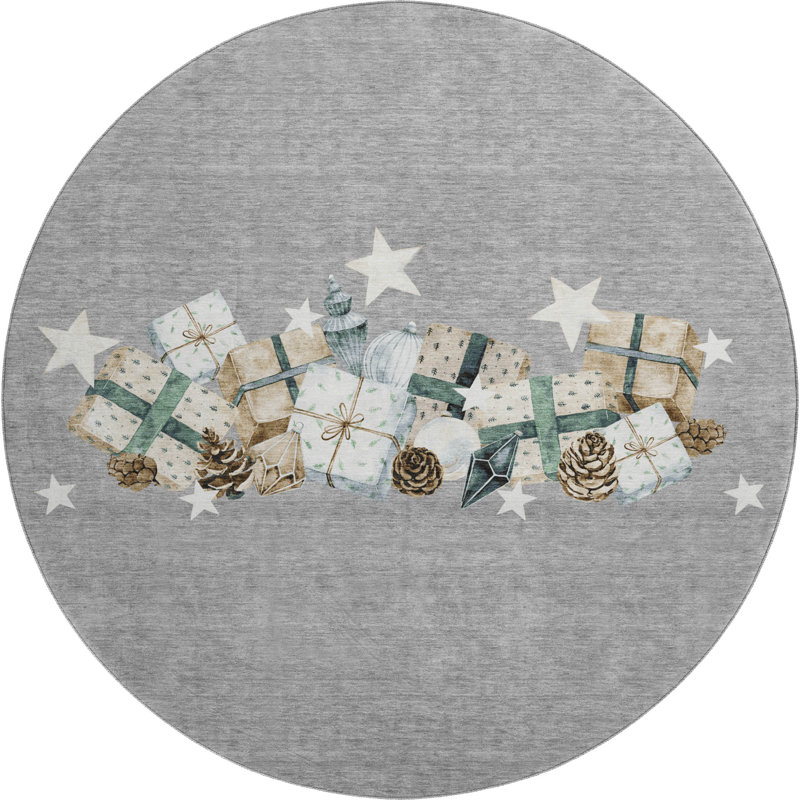 Premium Machine Washable Castillon AMF1825 Stars and Presents Holiday Rug, Round 8'