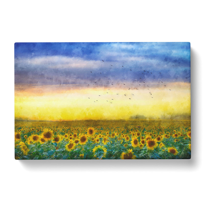 Flock Of Birds Above Sunflowers - Wrapped Canvas Painting, 50cm H x 76cm W x 3cm D