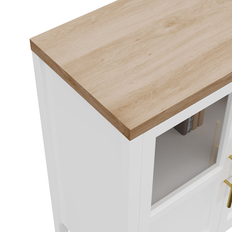 Modern Farmhouse Entryway Storage Cabinet – 29" Buffet Sideboard with 2 Glass Doors & Shelves – Versatile Organizer for Kitchen, Dining, Living Room – White with Wood Contrast Cabinet