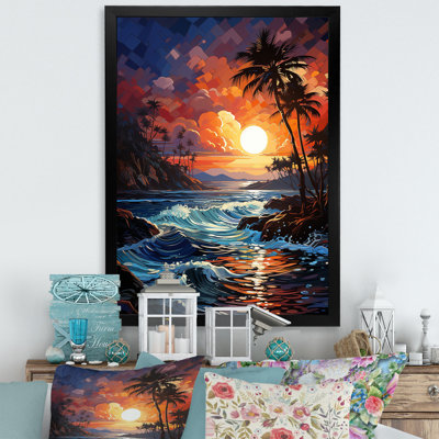 Coucher de soleil orange coloré sur fond de palmiers III - décoration murale florale