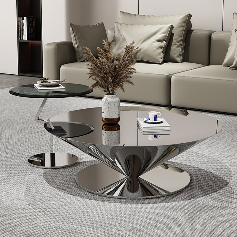 Stainless steel floating saucer coffee table, 13.8" H x 35.4" L x 35.4" W
