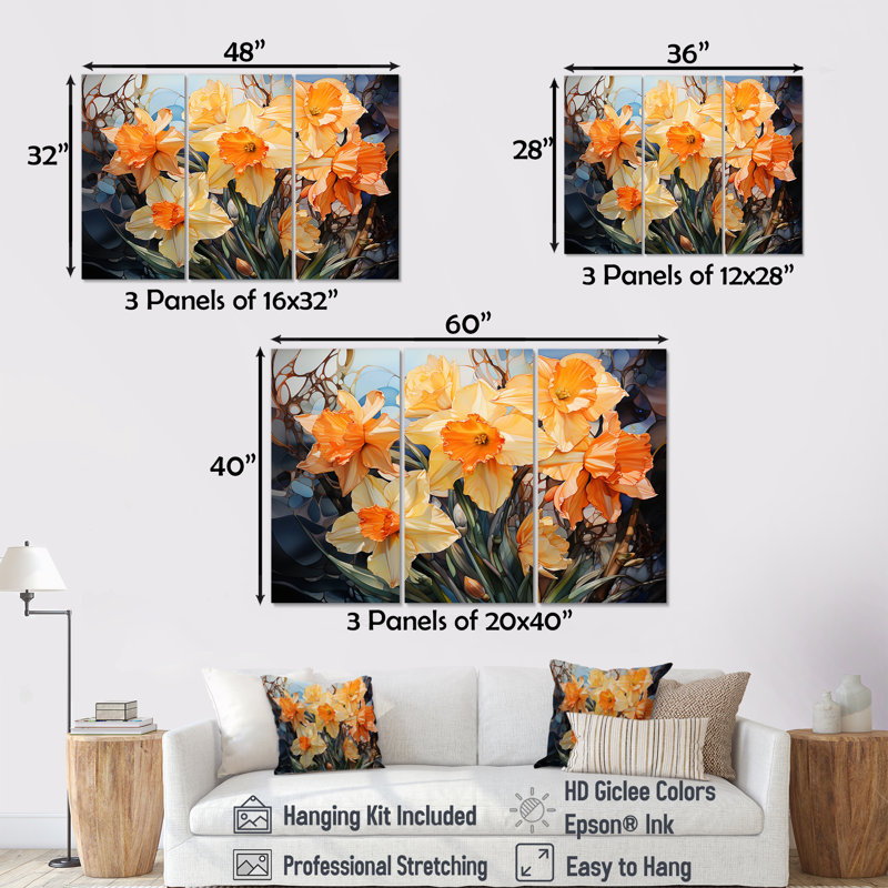 «Orange Daffodils Efflorescence» - ensemble d'art mural sur toile jonquilles, H 40 po x l 60 po x P 1 po