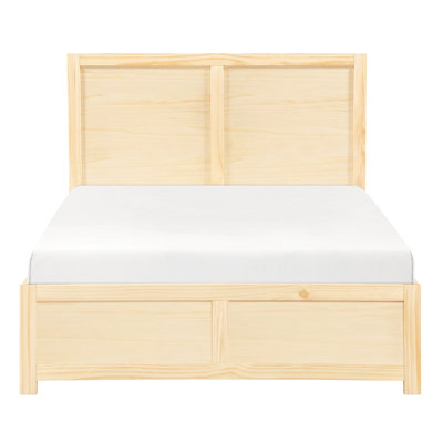 Lit plateforme contemporain de taille double avec finition en pin organique, structure et rails en bois, sommier non requis de style moderne, lattes de tête de lit dans la chambre à coucher, pas de fondation nécessaire