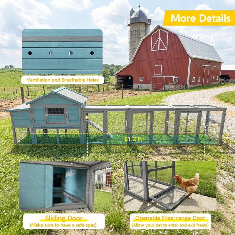 Large Wooden Chicken Coop With Outdoor Run And Nesting Box
