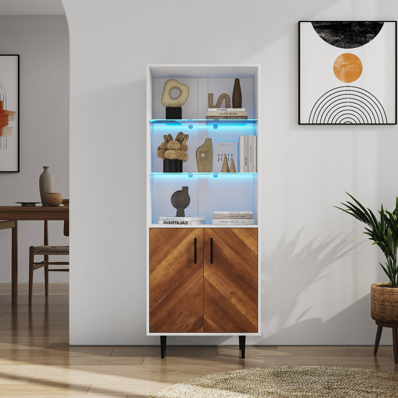 Bibliothèque à 5 niveaux, armoire de rangement de 67,7 po de hauteur avec 3 tablettes ouvertes et portes doubles