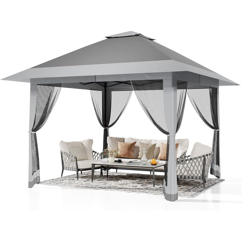 13X13ft Outdoor Pop Up Gazebo, Height Adjustable Pop Up Tent Gazebo With Mesh Cover, Gray