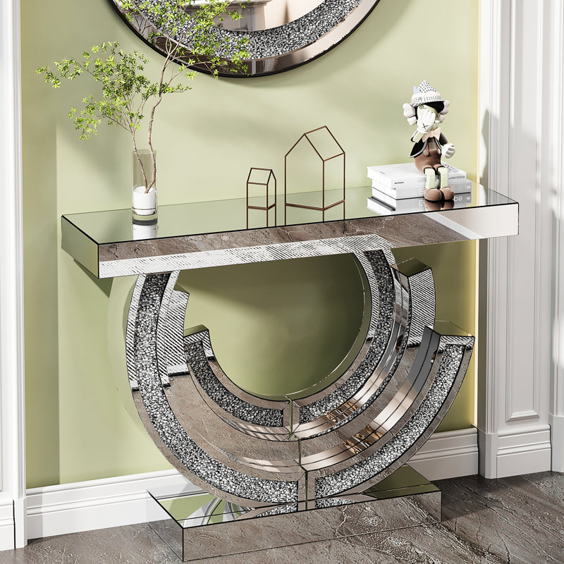 Table d'entrée en forme de 3C, effet diamant concassé, design moderne pour chambre, miroirs argentés haut de gamme, plateau brillant incrusté, base polie à la main effet 3D