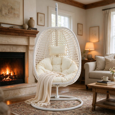 Charlie-Jade Modern Indoor / Outdoor Wicker Egg Chair with Stand, Natural PE Rattan Teardrop Swing Chair with UV-Resistant Cushion for Patio & Living Room