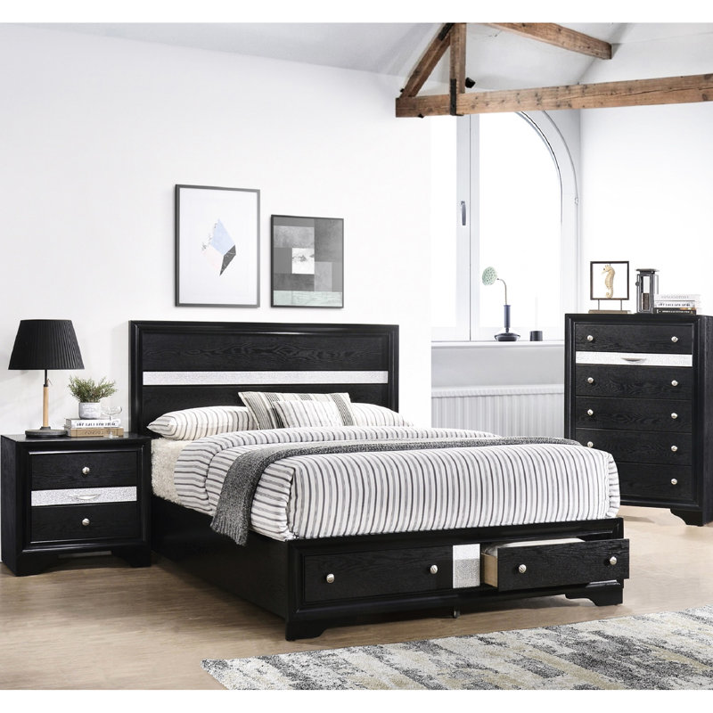 Table de chevet de luxe moderne pour chambre à coucher - 3 tiroirs, bois massif, noir, avec plateau à bijoux 3 armoires