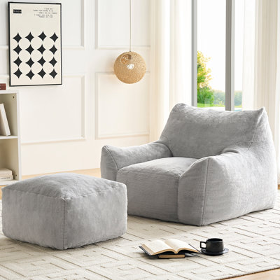 Fauteuil à billes en fausse fourrure de lapin avec repose-pieds, gris clair