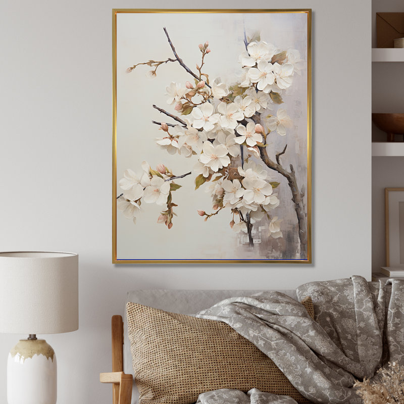 Fleur de pommier beige Senerity sur toile, H 40 po x l 30 po x P 1,5 po, Cadre flottant doré