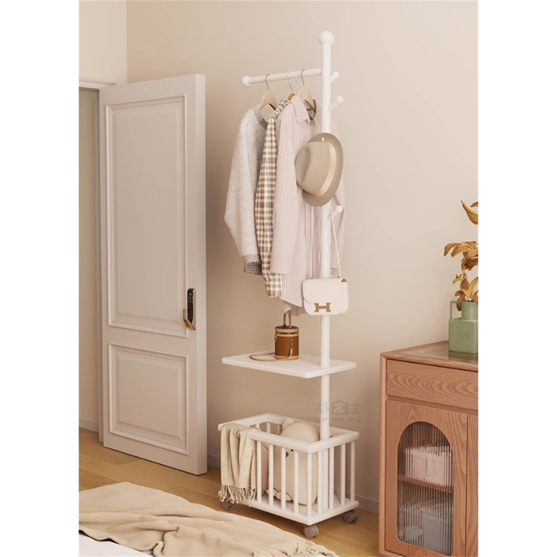 Multifunctional Solid Wood Clothes And Hat Stand With Laundry Basket, White