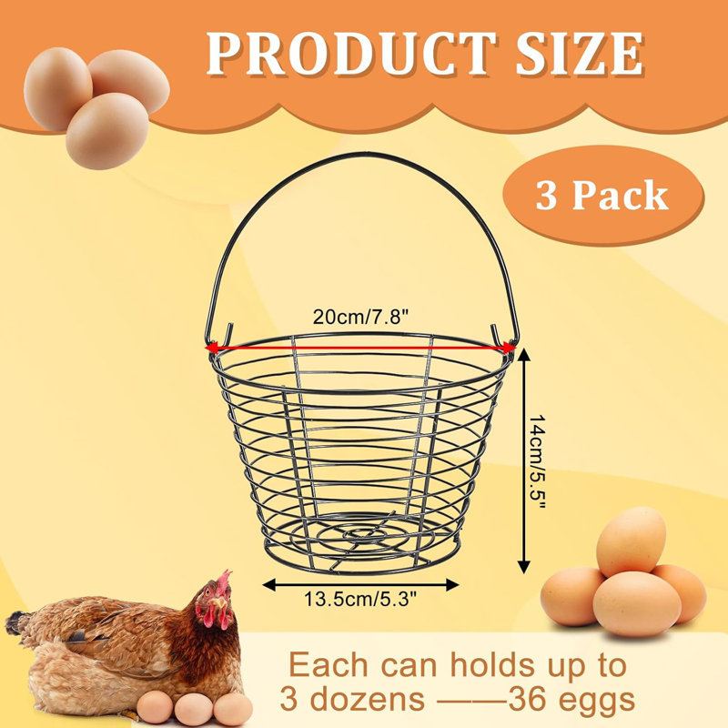 3 PCS  Black Round Wire Egg Baskets For Fresh Egg With Handle, Small Metal Egg Collecting Basket For Gathering Fresh Eggs