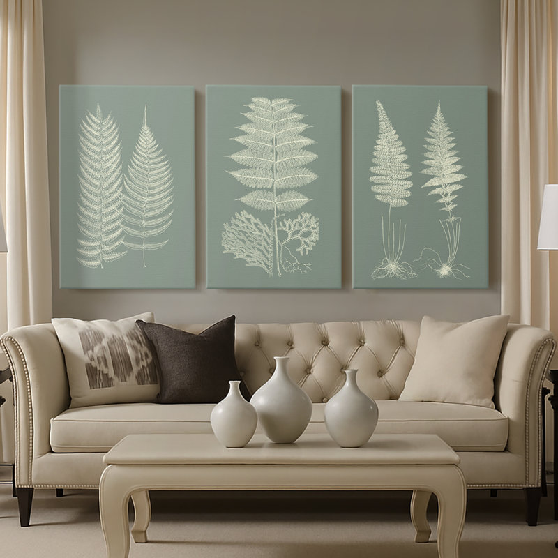 Fougères sur sauge - toile tendue sur mesure - 3 pièces, H 60 po x l 120 po