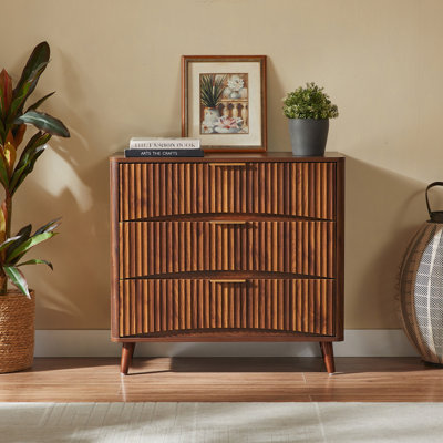 Fluted 3 Drawer Dresser, Mid-Century Modern Tall Chest of Drawers with Vertical Grooved Design, Solid Wood Storage Cabinet with Metal Handles for Bedr