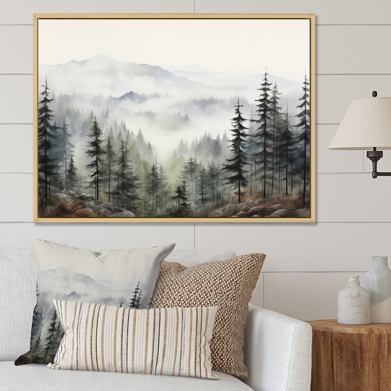 «Pine Misty Mountain II» sur toile, Reproduction avec cadre flottant, H 30 po x l 40 po, Érable