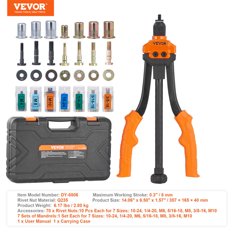 VEVOR Rivet Nut Tool, 14” Rivnut Tool Kit with 7 PCS Metric and SAE Mandrels
