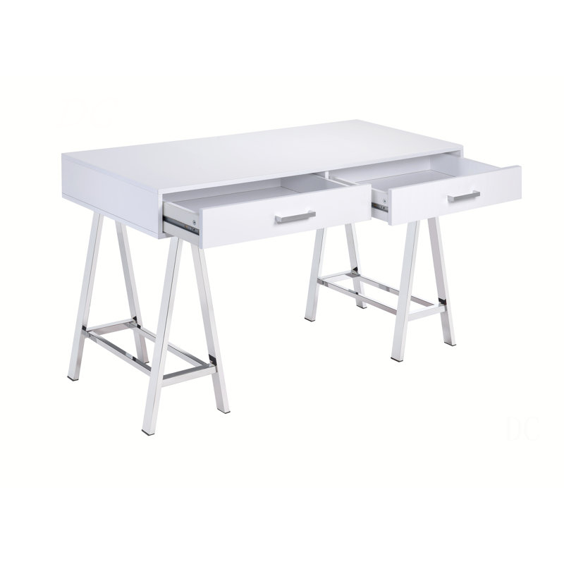 Bureau d'écriture blanc brillant et chrome avec port USB, Blanc