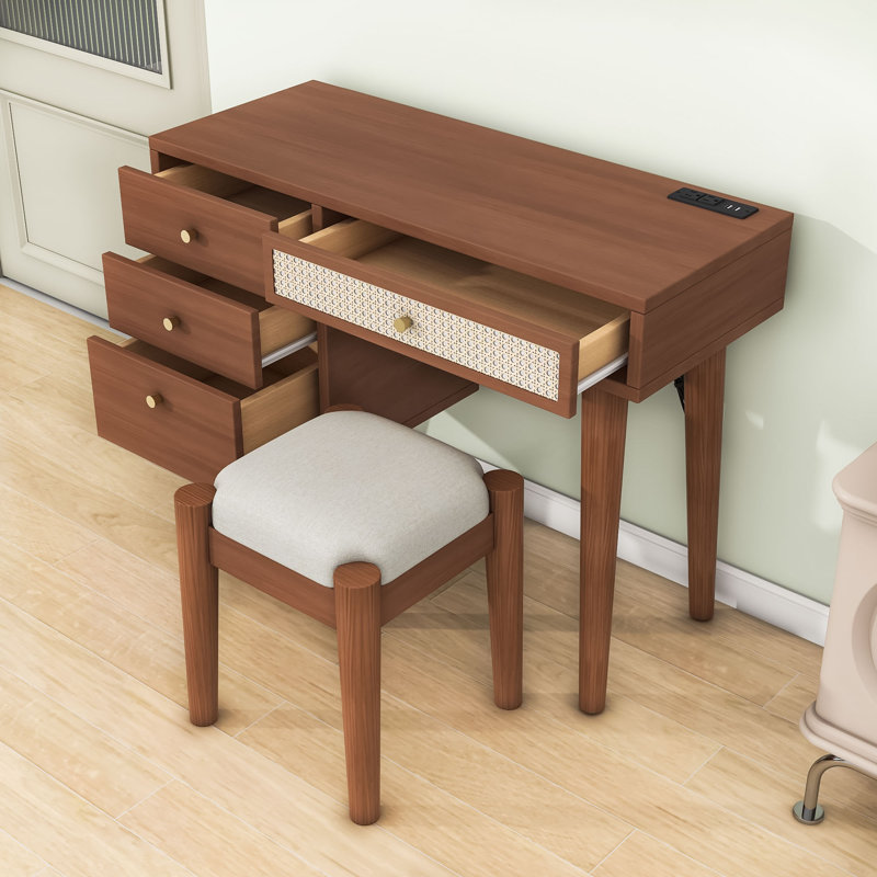 Retro Wood Makeup Vanity Set with Charging Plug, USB Port, 4 Storage Drawers and Stool, Walnut