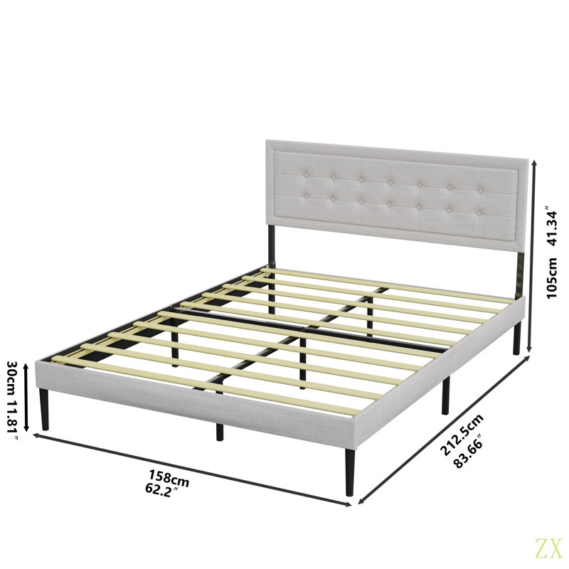 Base de lit plateforme grand avec lattes en bois et tête de lit tapissier élégante