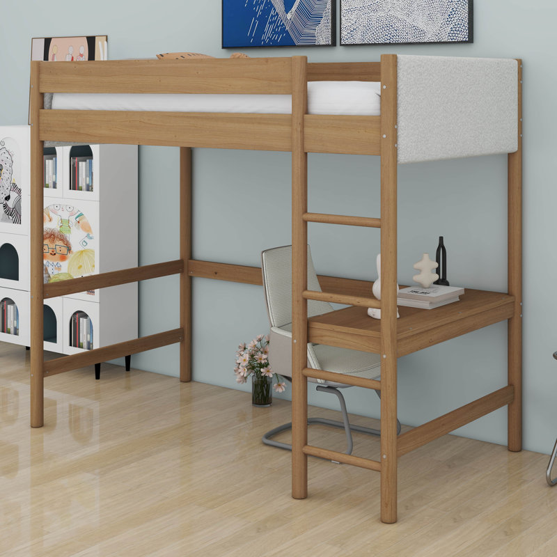 Lit mezzanine simple avec bureau, lit superposé en bois d'hévéa avec échelle et garde-corps, tête / pied de lit rembourré Boucle, petit espace, naturel