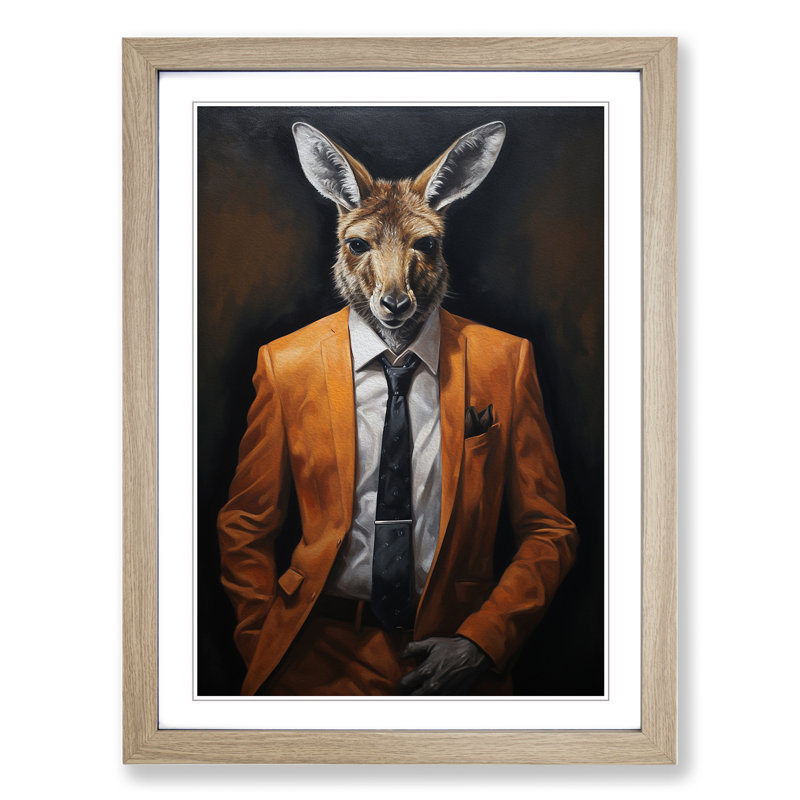 Kangaroo In A Suit Painting Framed Print, 46cm H x 34cm W x 2cm D, Oak Framed