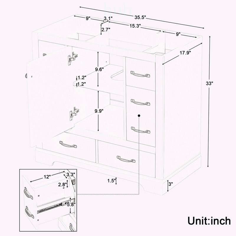 36 Inch Bathroom Vanity Base, Six Drawers, Adjustable Shelf, Multi-Functional Divider, Elegant Storage Solution