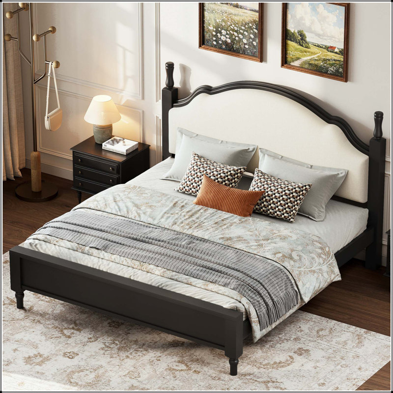 Grand lit plateforme en bois avec tête de lit tapissier, Grand lit, Beige/noir