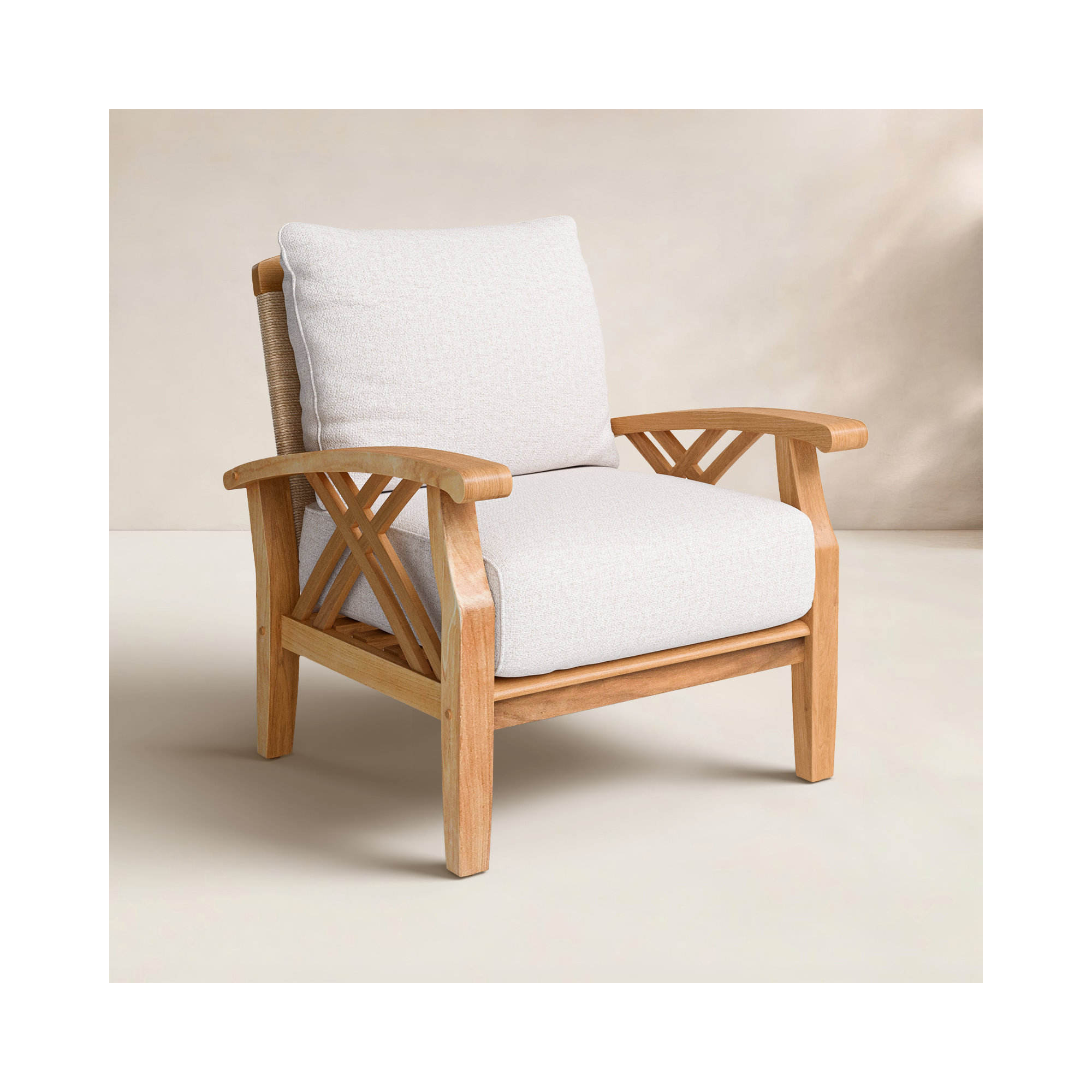 Cotesfield Teak Outdoor Lounge Chair with Cushion, Tan Performance Basketweave