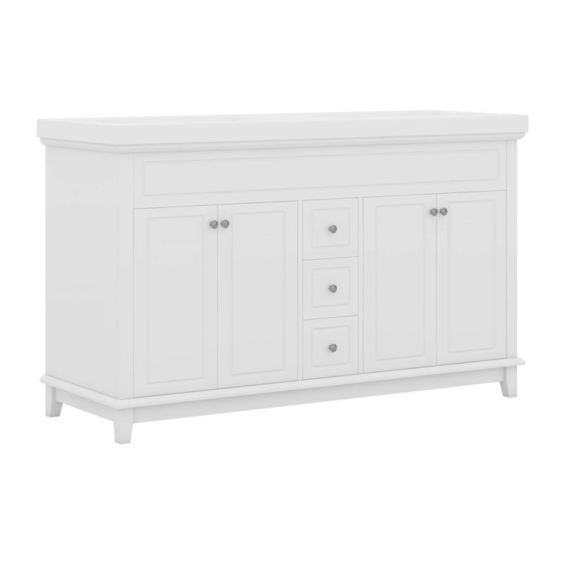 Meuble-lavabo 60 po avec lavabo double en résine, 3 tiroirs et 4 portes